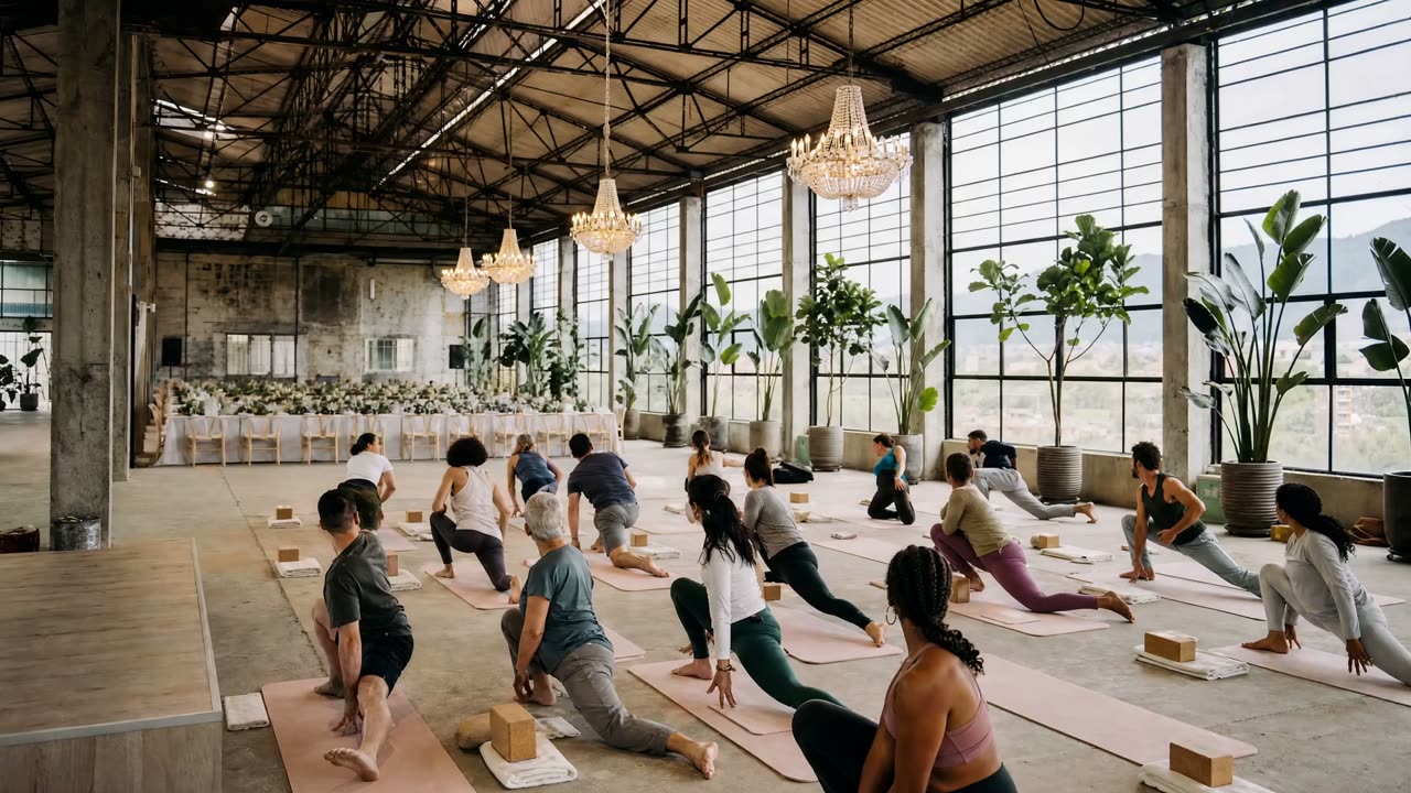 Una práctica de yoga en una bodega industrial transformada, candelabros sobre las esterillas y luz de día.