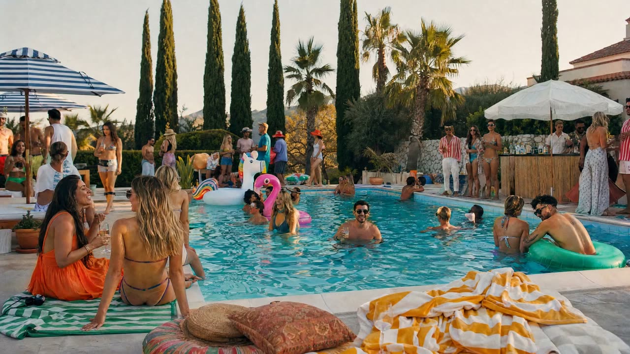 Una fiesta privada junto a la piscina al caer la tarde.